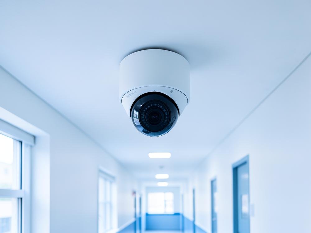 Modern dome CCTV camera installed in a bright school corridor