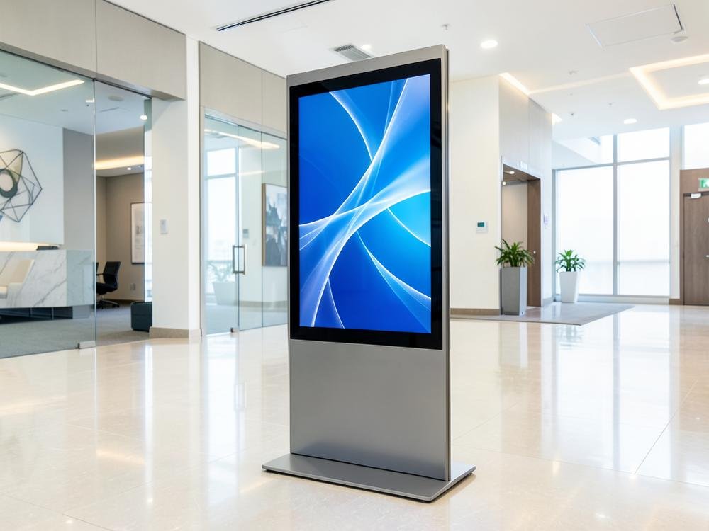 Digital signage standee display in a modern business lobby