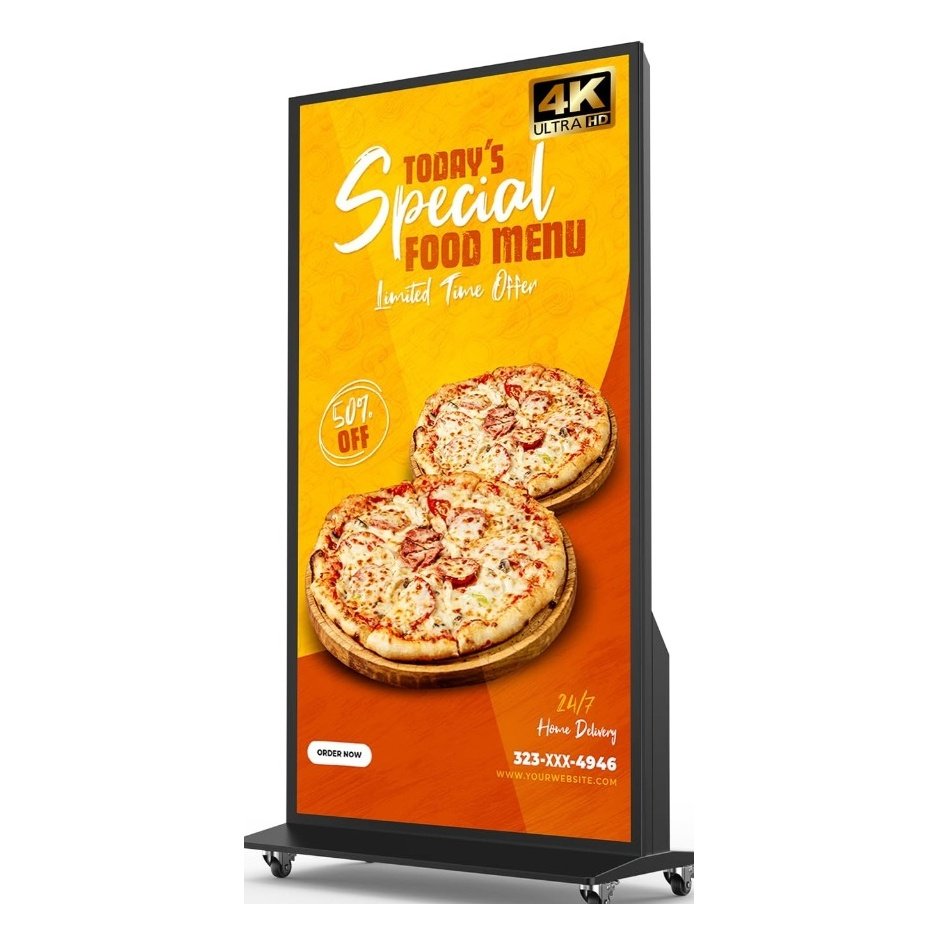 Two digital standees showing pink sale and food menu displays